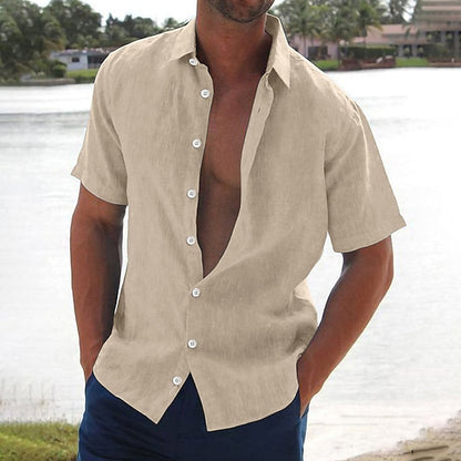 Men's Linen Shirt Summer Shirt Beach Shirt Black White Pink Short Sleeve Solid Color Turndown Summer Hawaiian Holiday Clothing Apparel Button-Down