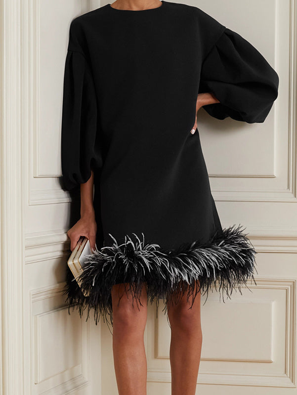 Loose Puff Sleeves Feathers Split-Joint Round-neck Mini Dresses Short  Dresses – saferido